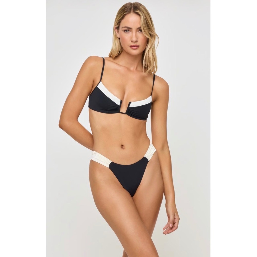 NEW L*SPACE Dolce Ruched Bikini Bottoms Black White Bitsy Cut Beach Large